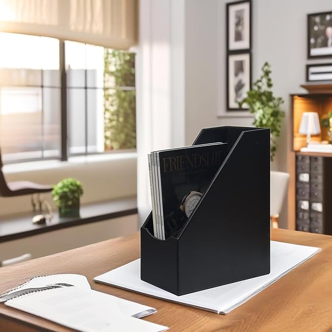 UnionBasic Magazine File Holder - Office Leatherette Desktop Document File Folder Journals Organizer Racks, Black, Set of 4