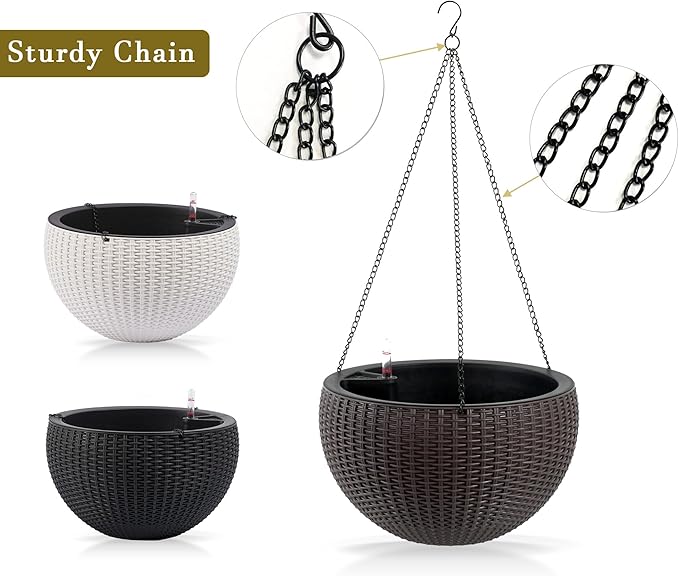 13.5 inch 2Pack Large Hanging Planters for Outdoor/Indoor Plants, Self Watering Hanging Pot with Water Level Indicato, Drainage Holes and Chain for Garden Porch, Brown