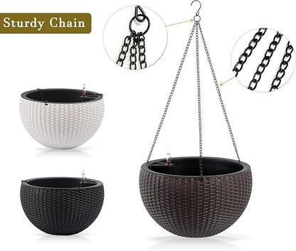 13.5 inch 2Pack Large Hanging Planters for Outdoor/Indoor Plants, Self Watering Hanging Pot with Water Level Indicato, Drainage Holes and Chain for Garden Porch, Brown
