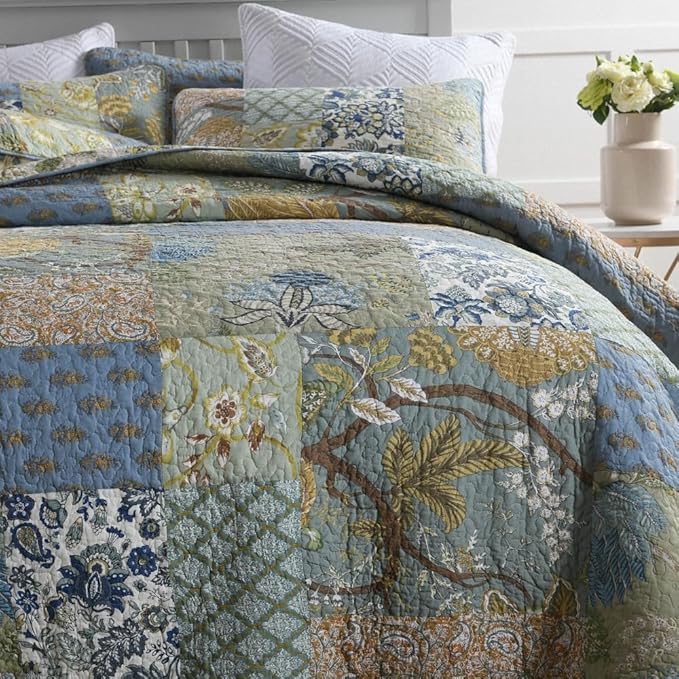 Cotton Bedspread Quilt Sets Reversible Bedding Coverlet Sets,3 Pieces Green Rustic Vintage Paisley Patchwork Bedspread, King Size