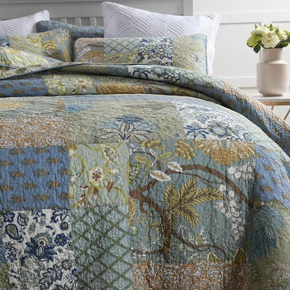Cotton Bedspread Quilt Sets Reversible Bedding Coverlet Sets 3 Pieces Vintage Floral Patchwork Paisley Green Rustic Bedspread, Queen Size
