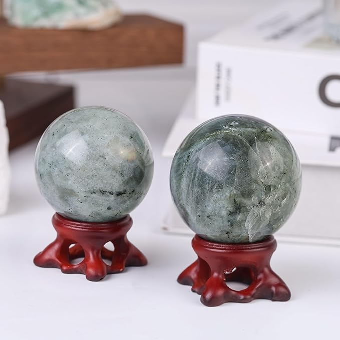 SUNYIK Natural Labradorite Ball Sphere with Resin Stand Polished Crystal Sphere Stone Figurine Decor for Home Office Tabletop, 1.6-1.9"(41-50mm)