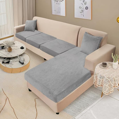 NAISI Sectional Couch Cover 4 Pieces Velvet Separate Couch Cushion Covers L Shape Soft Stretch Sofa Slipcovers with 2pcs Pillowcases for Left/Right Chaise Sectional Couch(3 Seater+1 Chaise,Light Grey)