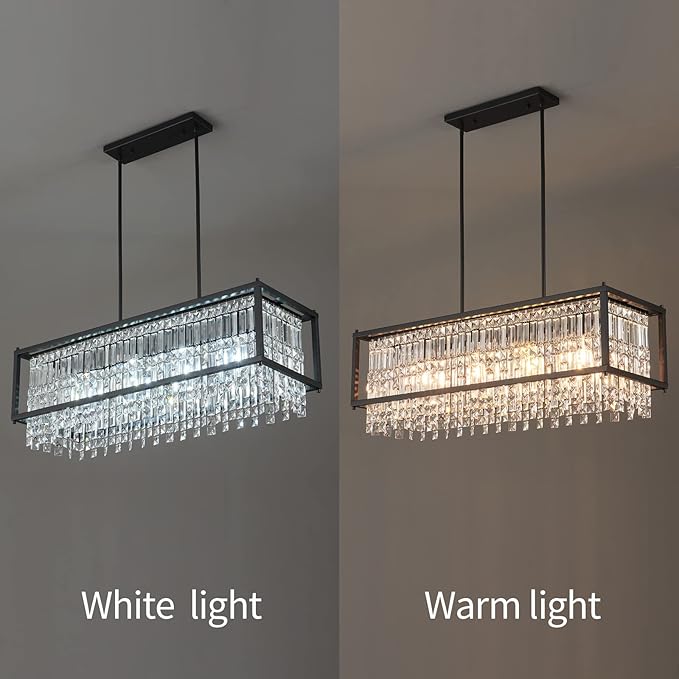 LMQNINE Modern Rectangle Chandelier for Dining Room, Black Crystal Chandelier Linear Light Fixture, Farmhouse Chandeliers for Kitchen Island, Bar Table, L35.43'' x W11.81'' x H9.84''