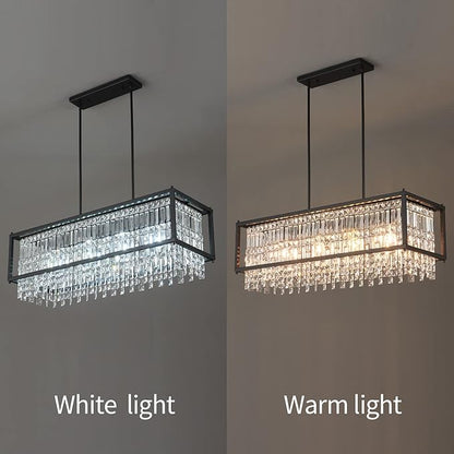 LMQNINE Modern Rectangle Chandelier for Dining Room, Black Crystal Chandelier Linear Light Fixture, Farmhouse Chandeliers for Kitchen Island, Bar Table, L35.43'' x W11.81'' x H9.84''