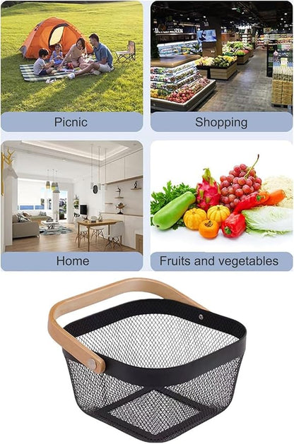 Metal Mesh Wire Basket, Mini Steel Basket with Wooden Handle Storage Organizer Basket Multi-functional Hanging Kitchen Baskets Fruit Baskets for Kitchen Bathroom Cabinet Pantry Snacks, Black