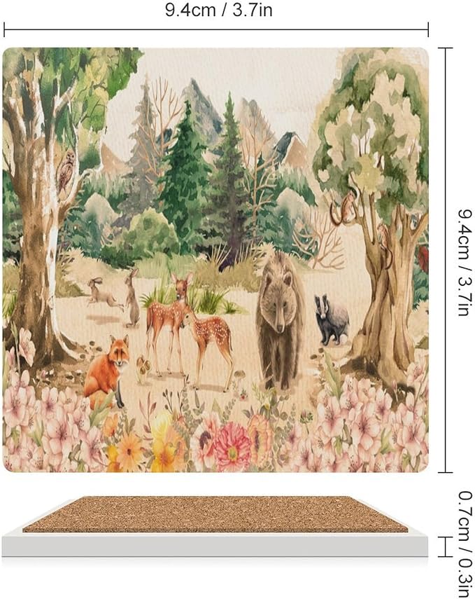 Forest Drink Coasters, Square Ceramic Drink Coaster 6PCS, Retro Mountain Forest Nature Tree Woodland Flower Animal Bear, Deer Decor Absorbent Ceramic Coasters for Beverage Cup, Bar, Coffee Table