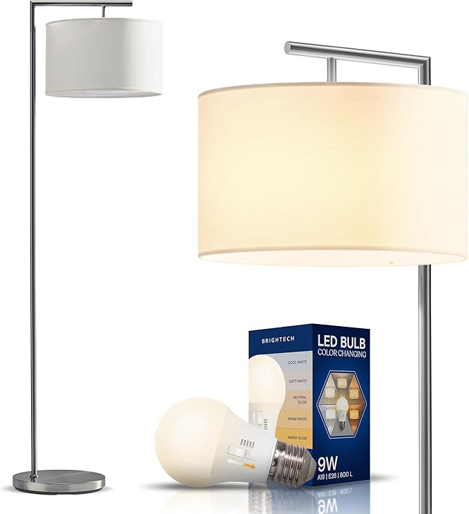 Brightech Montage Modern Floor lamp, LED Floor Lamp for Living Rooms & Offices - Tall Standing Lamp for Bedroom Reading - Corner Pole Lamp for Contemporary Home Decor - Satin Nickel