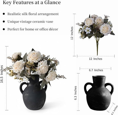 Retro-Style vase, Artificial Faux Flower Bouquet for Home Decor Indoor Fake Bouquet Faux Floral Arrangements Dining Table Centerpieces for Kitchen((Black)