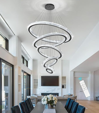 Modern Chandelier 8"+16"+24"+32"+40" 5 Rings Crystal LED Dimmable Lighting Foyer Entryway High Ceiling Living Room Chanderliers Pendant Lights Fixtures Black Light