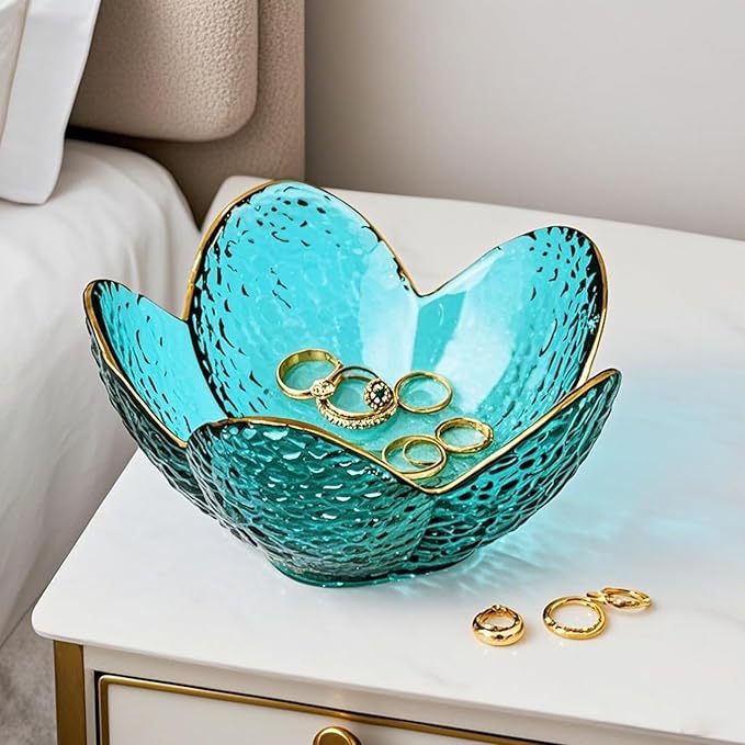 Small Jewelry Tray Dish for Women, Green Glass Jewelry Dish Trinket Tray, Flower Ring Dish Engagement Gift, Crystal Ring Holder Dish, Bathroom Jewlery Plate Dish, Jewelry Bowl for Earrings