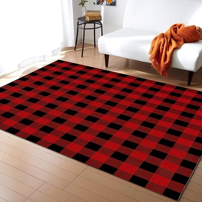 Black Red Checkered Plaid Area Rug, Buffalo Plaid Non Slip Easy Care Kids Rugs, Breathable Durable Carpet for Indoor Bedroom Living Room Office Decor Rug - 4 ft x 5 ft