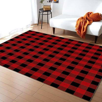 Black Red Checkered Plaid Area Rug, Buffalo Plaid Non Slip Easy Care Kids Rugs, Breathable Durable Carpet for Indoor Bedroom Living Room Office Decor Rug - 4 ft x 5 ft