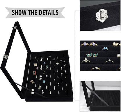 Rings Organizer Tray 10 Slots Velvet Ring Display Tray Insert Jewelry Earring Storage Box with Transparent Glass lid Can Hold 100 Rings Earrings Suitable for Girls and Women (Black)