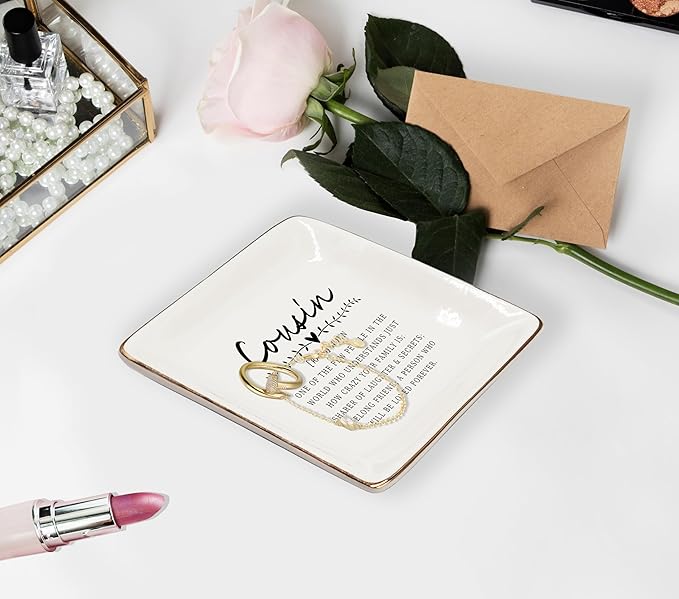 WODMIS Cousin Gifts Ceramic Jewelry Tray Dish, Cousin Birthday Gifts Jewelry Plate Dish, Cousins Ring Trinket Dish, Cousin Christmas Graduation Wedding Gifts for Cousin Women, Cousin Gifts