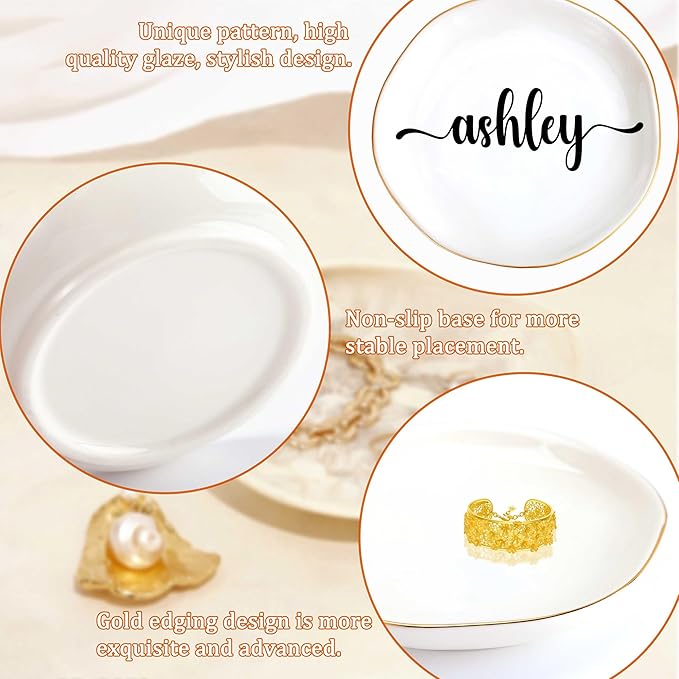 JoycuFF Ashley Personalized Name Ceramic Tray, Mothers Day Christmas Anniversary Engagement Birthday Gifts for Women Couples, Trinket Dish for Rings Earrings Necklaces Bracelets Keys