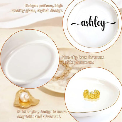 JoycuFF Ashley Personalized Name Ceramic Tray, Mothers Day Christmas Anniversary Engagement Birthday Gifts for Women Couples, Trinket Dish for Rings Earrings Necklaces Bracelets Keys