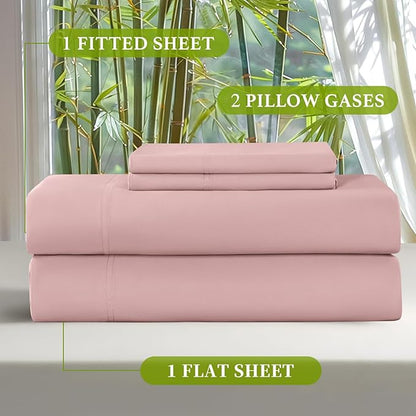 Shilucheng 100% Viscose Derived from Bamboo_ Sheets Queen Size 4pcs - Ultra Cooling & Silky Soft Bed Sheets, 16" Deep Pocket, Perfect for Hot Sleepers, Hotel Bedding Sheets (Light Pink)