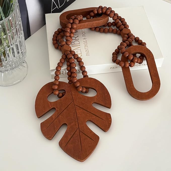 Unique Wood Beads with Chain Link and Leaf, Decorative Beads Home Decor, Knot Beaded Garland Decor, Housewarming Gift, Brown