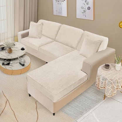 NAISI Sectional Couch Covers 6 Pieces Velvet Couch Cushion Covers L Shape Soft Stretch Sofa Slipcovers with 2pcs Pillowcases for Left/Right Chaise Sectional Couch(2 Seater+1 Chaise+3 Back,Beige)