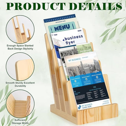 4 Tier Pine Wood Brochure Display Stand 6 x 9 inch Brochure Holder Pamphlet Display Stand for 5.5 x 8.5 inch 5 x 7 inch Booklets Menus Postcard Holder Multi Purpose Organizer