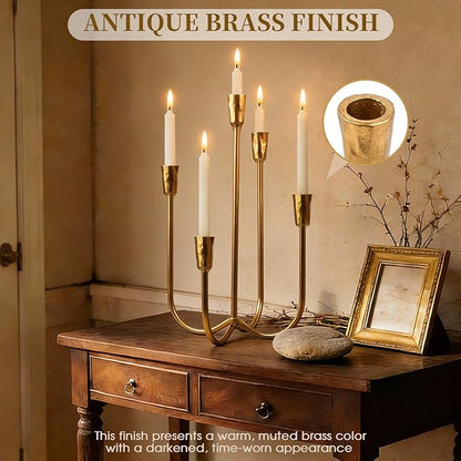 5 Candle Candelabra Antique Brass Finished, 17.5 Inch Tall Candlestick Holder Cast Iron Candle Holder Stand for Taper Candles, Elegant Centerpiece for Farmhouse, Wedding, Mantel & Dining Room