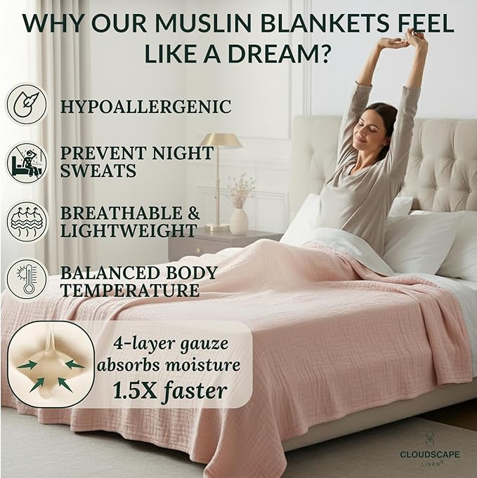 Luxury 100% Cotton Muslin Blanket King Size, 4 Layer Oversized 92x108 Fit Upto CaLKing Bed, Layering Winter Blankets for Bed, Soft Cotton Gauze Quilt, All Season Seashell Pink Bedding