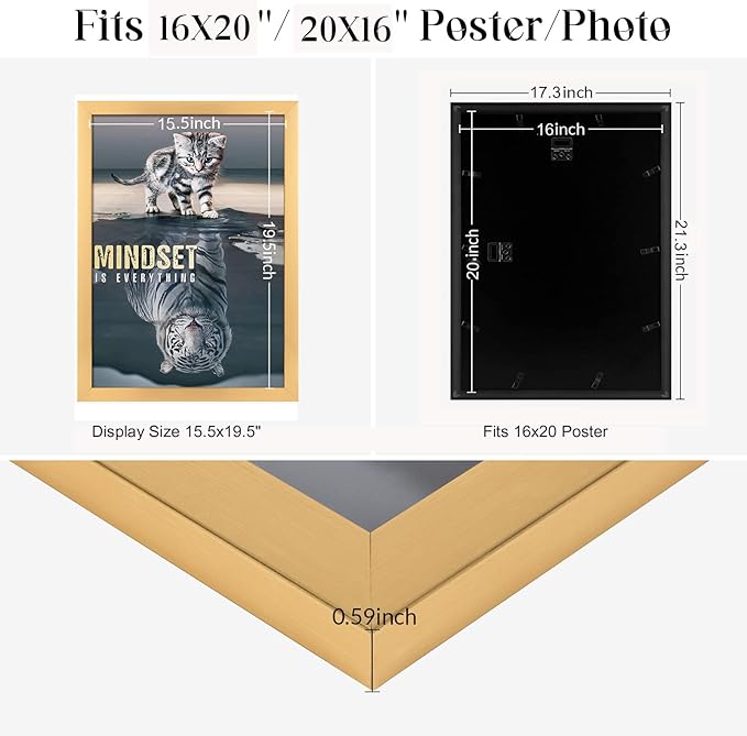 16x20 Frame Gold, Modern 20x16 Picture Poster Frame, Horizontal Vertical Hanging, Large 16 by 20 Gallery Family Concert Portrait Photo Frame Anniversary/Birthday/Wedding/Thank you/Christmas Gift