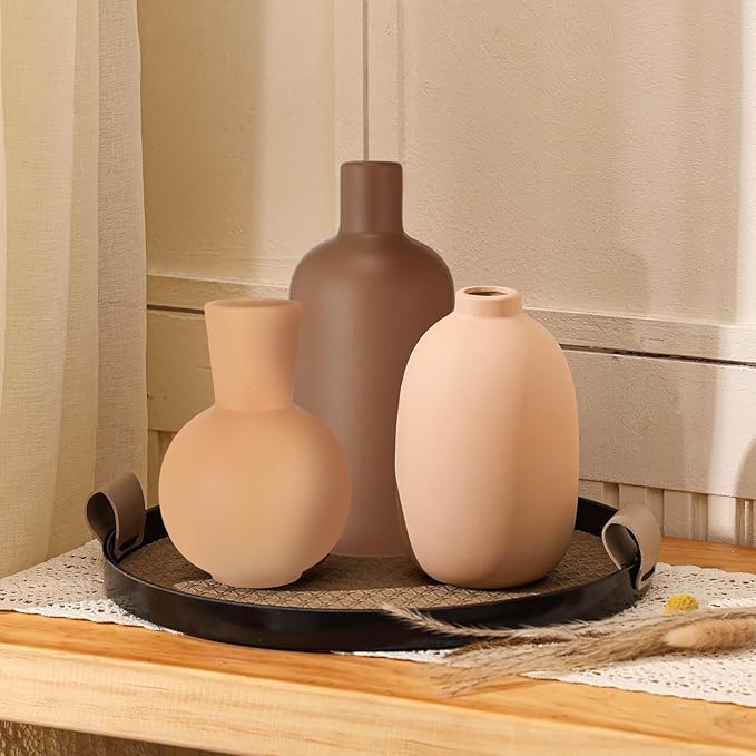 3 Pcs Ceramic Vases Modern Terracotta Vase Brown for Home Decor Round Matte Boho for Table Decor Living Room Minimalist Nordic Centerpiece Decorations