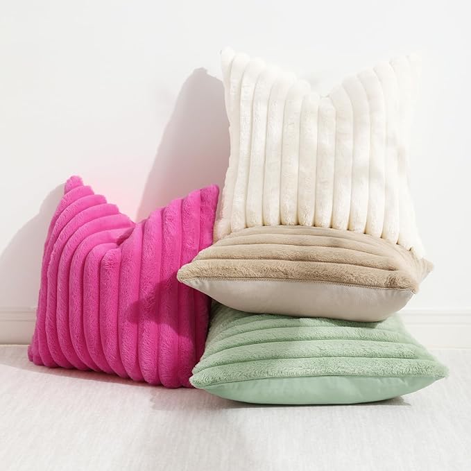decorUhome Faux Fur Spring Throw Pillow Covers 24x24 Set of 2, Decorative Soft Plush Striped Neutral Couch Euro Sham Pillow Covers with Velvet Back for Sofa, Bed, Living Room Home, Sage Green