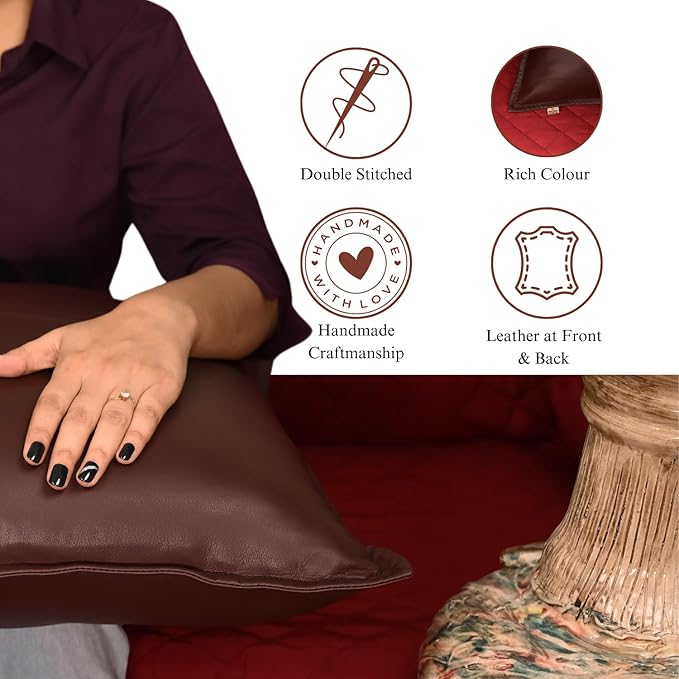 Lambskin Leather Pillow Cover - Sofa Cushion Case - Decorative Throw Covers for Living Room & Bedroom, 14x14 Inches - Dark Maroon Box Pack of 1