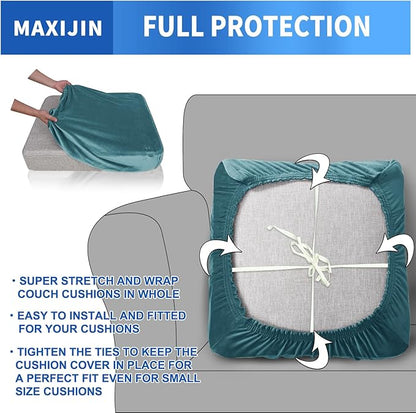 MAXIJIN Velvet Stretch Cushion Covers Couch Cushion Slipcover Loveseat Sofa Cushion Covers for Individual Cushions with Elastic Bottom (2 Piece Seat Slipcovers, Peacock Blue New)