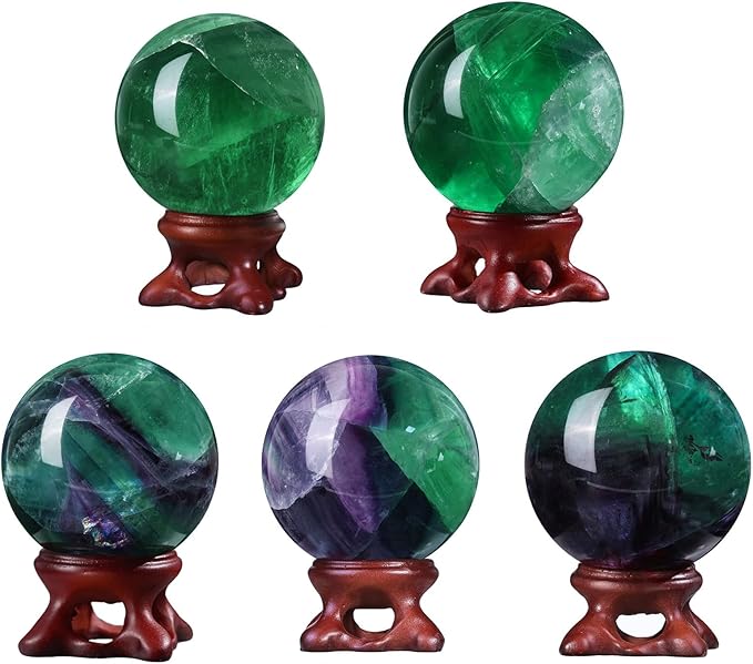 Nupuyai Natural Green Flourite Crystal Ball with Resin Stand, Healing Crystal Sphere for Home Decor 1.61"-1.97"(41mm-50mm)
