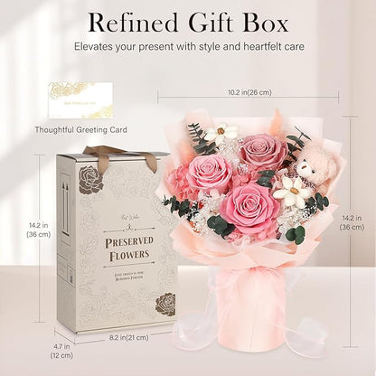 Preserved Flowers Bouquet with Bear, 3 Real Forever Flowers for Delivery, Long-Lasting Pink Eteranl Roses Bouquet, Anniversary Birthday Valentine Gifts for Women Mom Grandma Her Wife Girlfriend