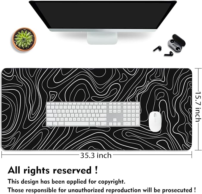 Topographic Mouse Pad Large, Gaming Mouse Pad, XXL Mousepad, Keyboard and Mouse Pad, Desk Mat, 35.3 x 15.7 in, Minimalist Contour for Office