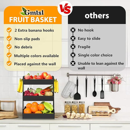 Bamboo Fruit Basket for Kitchen – 3 Tier Fruit Bowl For Kitchen Counter, Large Fruit Holder With 2 Banana Hangers, Idea For Fruit and Vegetable Storage, Bread Basket, Snack Organizer(BLACK)