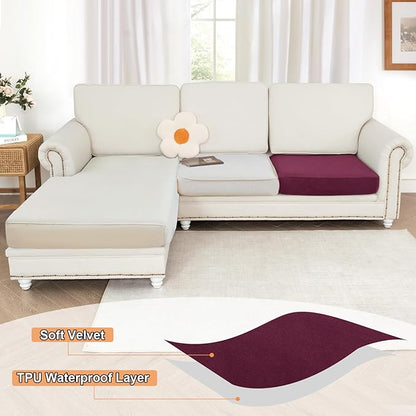 NAISI Waterproof Couch Cushion Covers Thick Velvet Fabric Washable Sofa Slipcovers 1 Piece Individual Sectional Couch Covers with Elastic Bottom(1 PC for Seat Cushion or Backrest,Burgundy)