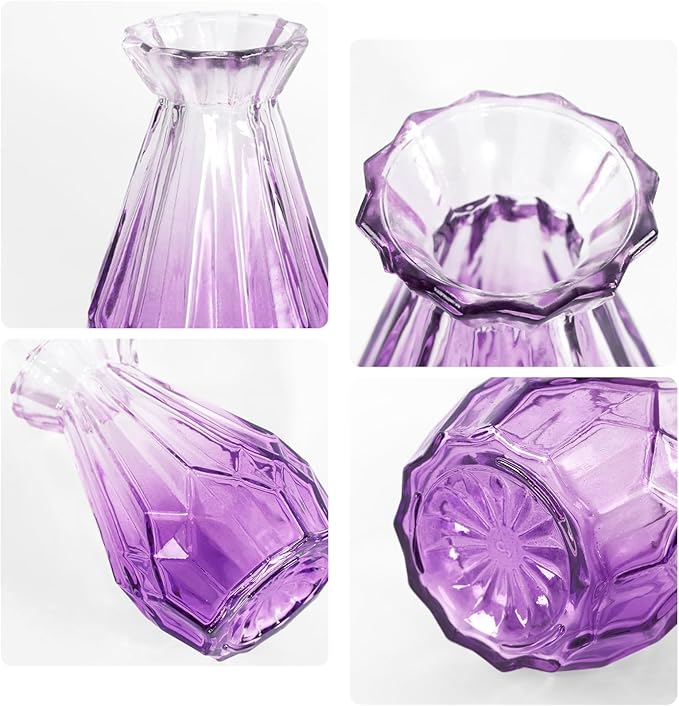 Amethyst Purple Ombré Glass Bud Vases Set of 12, Vintage Small Flower Vases for Centerpiece, Boho Wedding, Party, Baby Shower, Embossed Assorted Tiny Vase Bulk for Table, Mantel, Home Decor