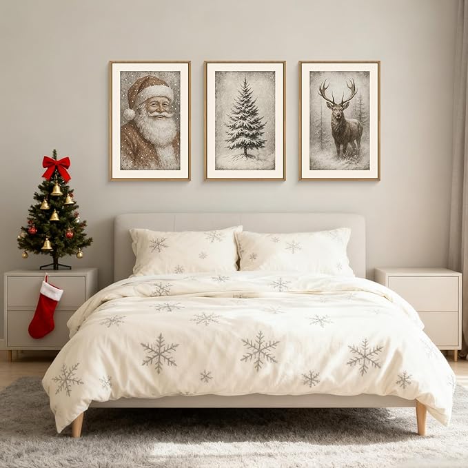 HLNIUC Large Vintage Christmas Framed Wall Art Set of 3, Santa Claus Reindeer Decor, Snowy Xmas Pine Tree Neutral Canvas Art(16x24), Farmhouse Rustic Sketch Prints for Living Room, Bedroom, Office