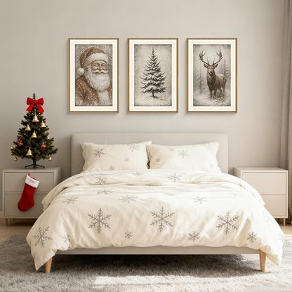 HLNIUC Large Vintage Christmas Framed Wall Art Set of 3, Santa Claus Reindeer Decor, Snowy Xmas Pine Tree Neutral Canvas Art(16x24), Farmhouse Rustic Sketch Prints for Living Room, Bedroom, Office