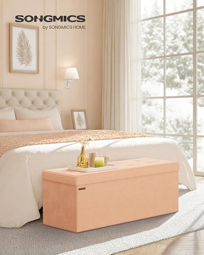 SONGMICS Mazie Collection - Storage Ottoman Bench, Foldable Foot Rest, 15 x 43 x 15 Inches, End of Bed Bench, Storage Chest, Load 660 lb, Living Room, Bedroom, Entryway, Apricot ULSF277O01