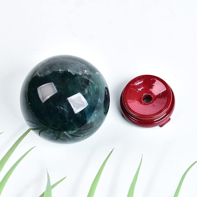JIC Gem Large Healing Crystal Ball, Green Fluorite Crystal Sphere with Stand Crystal Decorative Ball Home Decoration (100-110mm)