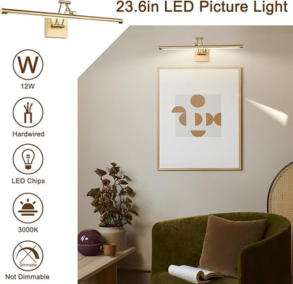 Brass Picture Light for Painting LED Gold Art Light Hard-Wired Picture Frame Lights 24 Inch Gallery Wall Light Modern Painting Lamps with Adjustable Swing Arm Display Lamp for Wall Artwork Warm White