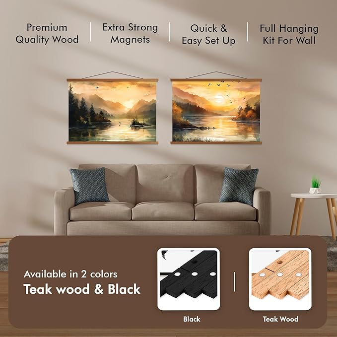 Travelization Magnetic Poster Hanger 36” Poster Frame with Strong Magnets, Complete Hanging Kit for Posters, Art, Maps, and More, Fits 36x24, 36x40, and 36x48, Teak Wood