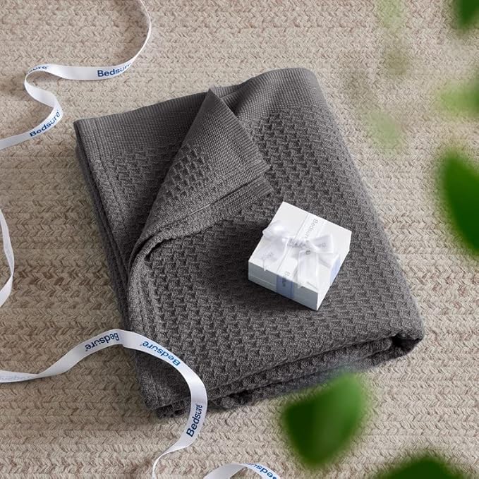 Bedsure Gentlesoft 100% Cotton Blanket King Size for Bed - Breathable and Soft, Thick Cozy Waffle Weave Christmas Blanket Gift for Women, Dark Grey, 104x90 inches