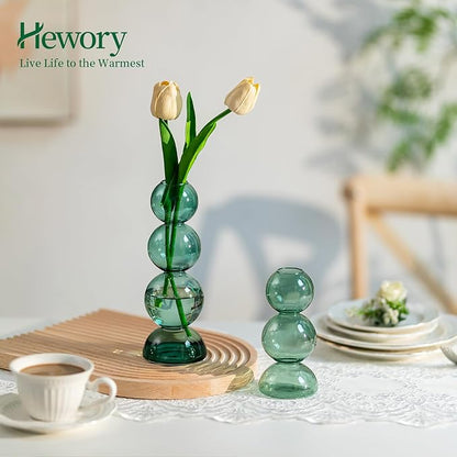Glass Bubble Vases for Flowers, Hewory 2pcs Green Unique Cute Single Flower Vase for Centerpieces, Funky Aesthetic Vase Skinny Bud Vase, Cool Groovy Decor for Home Living Room Bedroom Office Tabletop