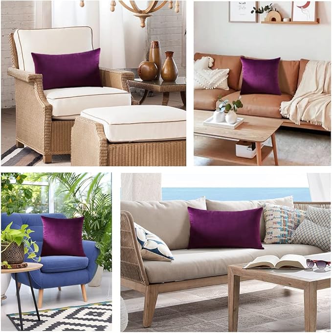 Artscope Luxury Velvet Pillow Covers Super Soft Decorative Square Throw Pillow Covers Case Cushion Covers for Sofa Couch Bedroom Car Decor 12x20 Inch Eggplant Purple