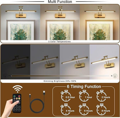 Battery Picture Lights for Wall, Rechargeable Gallery Light Wireless Art Display Lights with Dual-Rods Swing Arm Brass Painting Light with Remote & Timer 3CCT Dimmable Wall Sconces for Portrait 16”