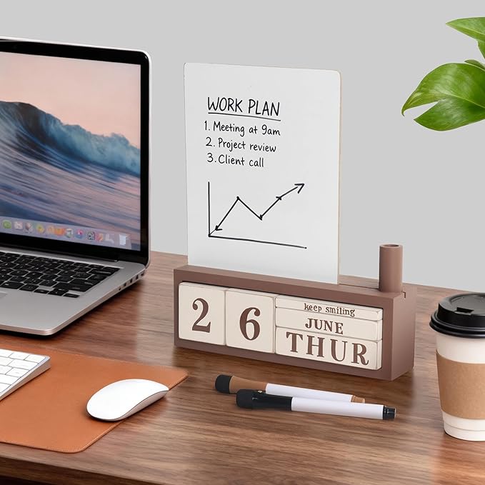 SELEAD Wooden Block Desk Calendar with Dry Erase White Board - Daily Desktop Perpetual Calendar Words Sign Quotes for Home Office Classroom Decor, Teachers Students - Brown