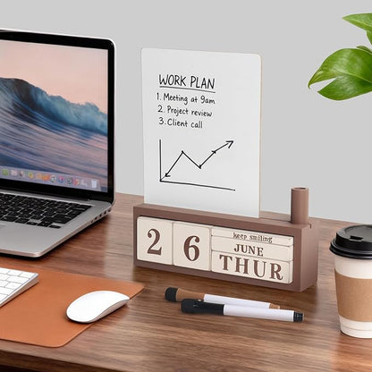 SELEAD Wooden Block Desk Calendar with Dry Erase White Board - Daily Desktop Perpetual Calendar Words Sign Quotes for Home Office Classroom Decor, Teachers Students - Brown